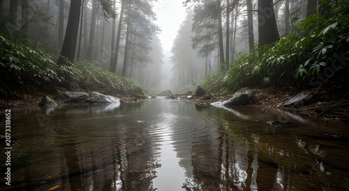 Serene forest stream with sunlight filtering through trees