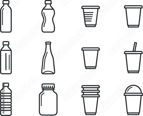 Fotografía Plastic bottle and disposable drink cup line icon set for packaging recycling an