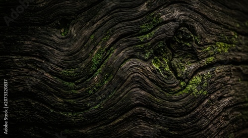 Close Up of Ancient Tree Bark Texture with Wavy Grain Pattern and Green Moss Growing in Dark Forest