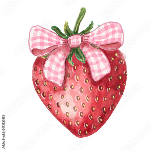 Strawberry with pink and white gingham ribbon watercolor