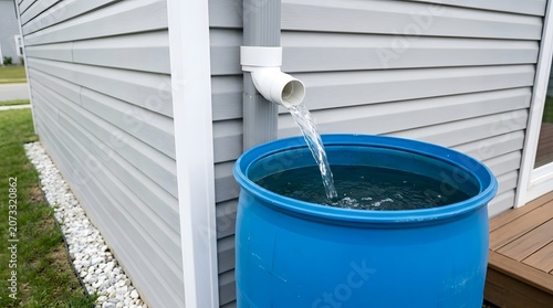 Rain Barrel Collecting Water from Downspout Pipe Next to House for Rainwater Harvesting and Conservation