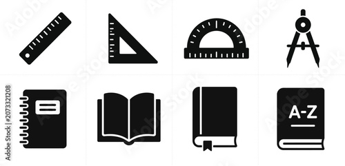 Geometry and Books Glyph Icons Collection – Ruler Set Square Protractor Compass Notebook Open Book Dictionary