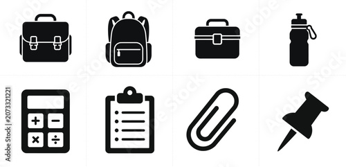 
School Essentials Glyph Icons Collection – Briefcase Backpack Lunch Box Water Bottle Calculator Clipboard Paper Clip Push Pin