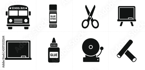Classroom Supplies Glyph Icons Collection – School Bus Glue Stick Scissors Blackboard Whiteboard Glue Bell Chalk