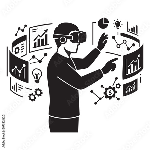 Virtual reality data analytics vector with man wearing VR headset side view analyzing futuristic financial dashboard charts and business interface silhouette