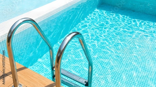 Chrome Steel Swimming Pool Ladder with Handrails Leading into Clear Turquoise Blue Mosaic Tile Pool on Wooden Deck