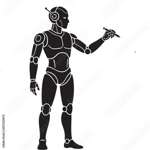Humanoid robot holding pen writing silhouette vector with artificial intelligence AI android cyborg drawing creative tech concept isolated on white background