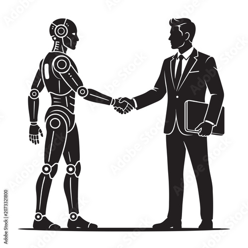 Human and AI robot handshake vector with businessman shaking hands with android cyborg for business partnership and future technology collaboration