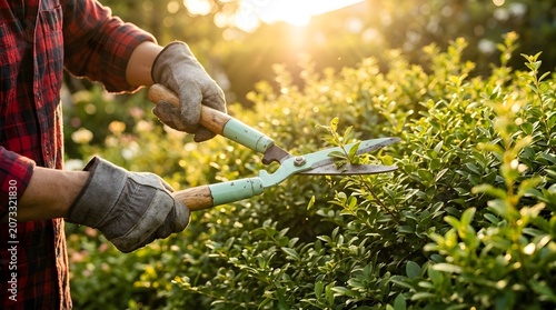 Gardener Wearing Gloves Trimming Green Bush Hedge with Garden Shears Scissors in Sunny Backyard Garden Golden Light