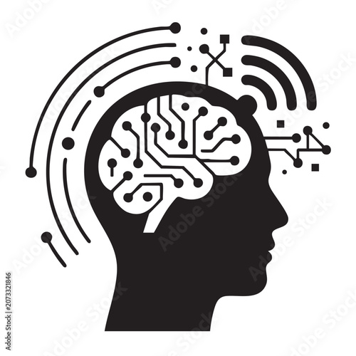 Artificial intelligence AI brain network vector with human head silhouette wireless Wi-Fi signal circuit board digital mind and IoT technology