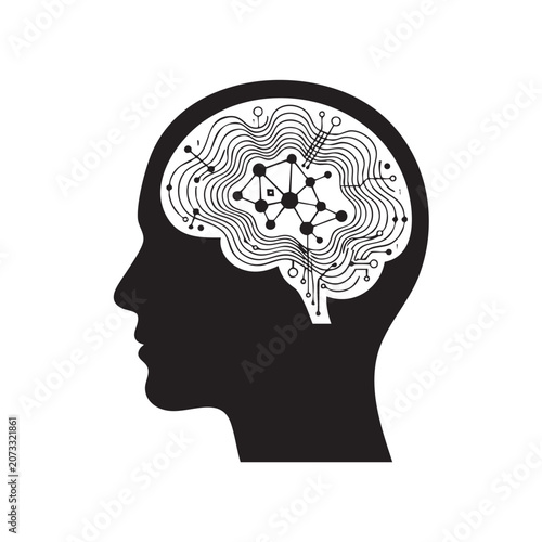 Artificial intelligence AI brain network vector with human head profile silhouette deep learning neural connections digital mind and abstract technology wave lines
