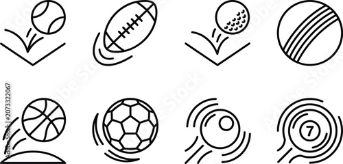 Tableau sur toile Athletic sports balls line icon set for tournament team game championship compet