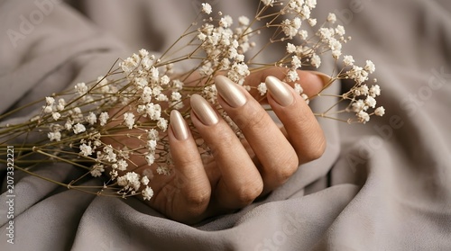 Elegant Pearl Chrome Almond Nails Holding White Baby Breath Flowers on Soft Gray Silk Fabric Beauty Photography