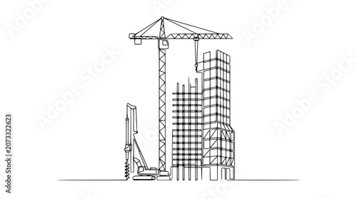 Continuous line drawing of construction site with crane, building skeleton, and excavator