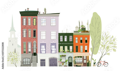 Human made clean editable vector. Cute street of European town with old buildings 
