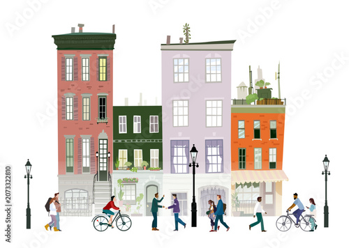 Human made clean editable vector. Cute street of European town with old buildings and walking people