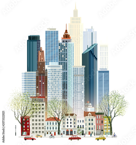 Human made clean editable vector.  Modern down town with skyscrapers and residential street at front ground