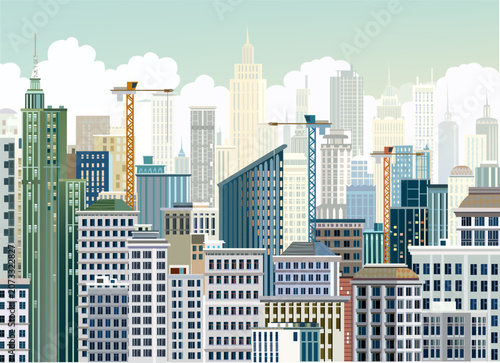 Human made clean editable vector. Modern city illustration, skyscrapers and apartment buildings 