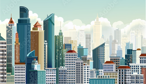Human made clean editable vector. Modern city illustration, skyscrapers and apartment buildings 