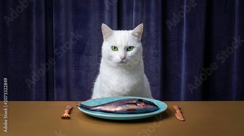 Elegant White Cat with Green Eyes Sitting at Dinner Table with Fresh Fish on Blue Plate Humorous Creative Concept