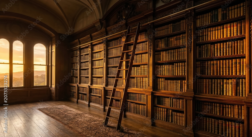 Fototapeta premium Antique library with massive wooden bookshelves and ladder by window at sunset.