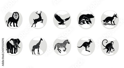 Canvas Print Animal Silhouettes In Circular Frames Black And White Silhouette