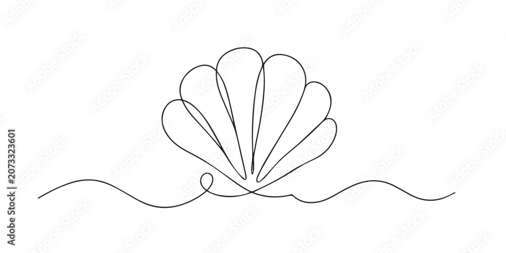 Fototapeta premium Single line abstract seashell. Continuous line drawing of spiral seashell from the ocean shore. Coastal nature theme. Elegant contour style. One line vector illustration.