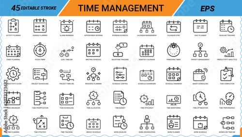 Time management icons set for scheduling planning productivity and daily routines.