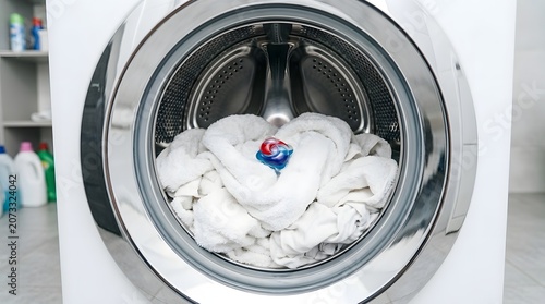 Laundry Detergent Pod Capsule Inside White Washing Machine Drum with Clean White Towels in Modern Laundry Room