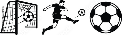 Black soccer player kicking ball with goal and ball