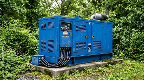 Blue Diesel Standby Power Generator Installed Outdoors on Concrete Base Surrounded by Green Trees
