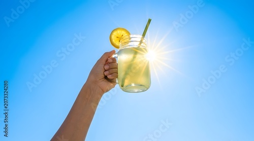 Hand Holding Fresh Lemonade in Mason Jar with Lemon Slice Against Bright Sunny Blue Sky