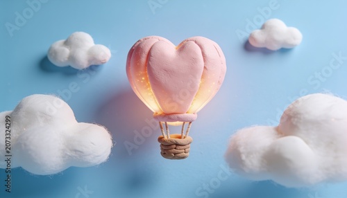 Cute 3D Clay Style Glowing Heart Hot Air Balloon Floating in Pastel Sky