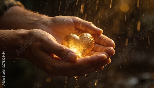 Hands Protecting Glowing Heart from Rain Drops Cinematic Concept of Care