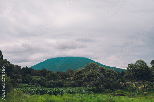 A wooded landscape featuring a cloud-covered mountain; the sky is overcast, and a storm is about to break.
