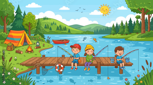 Joyful children enjoy a summer fishing adventure on a rustic wooden pier by a serene lake, surrounded by a vibrant nature landscape with a cozy camping setup