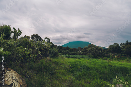 A wooded landscape featuring a cloud-covered mountain; the sky is overcast, and a storm is about to break.
