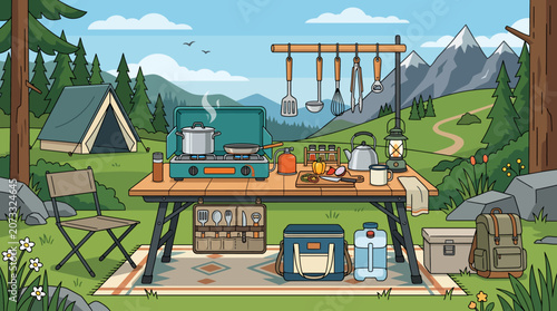 Cozy Outdoor Camping Kitchen Setup in a Serene Mountain Landscape, Ready for Wilderness Cooking and Leisurely Adventure in Nature