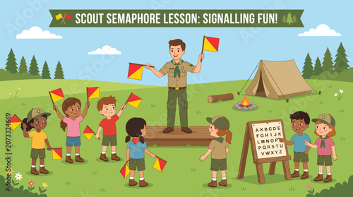 Enthusiastic Young Campers Mastering Semaphore Flag Communication in a Lively Outdoor Scouting Workshop