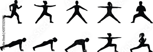 Photos Black silhouettes of people doing yoga and running