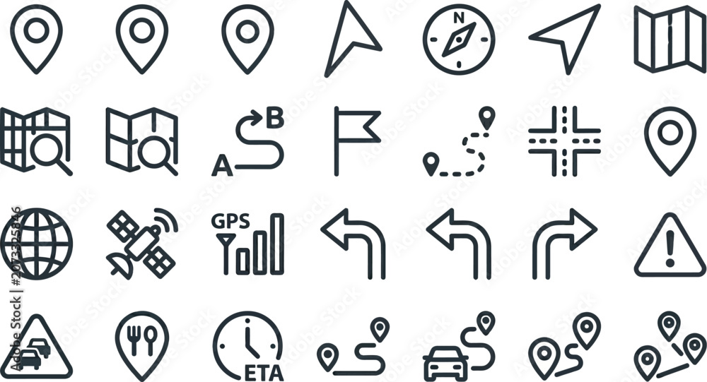 Fototapeta premium Navigation icons provide essential map symbols and location markers for travel applications and global positioning systems.
