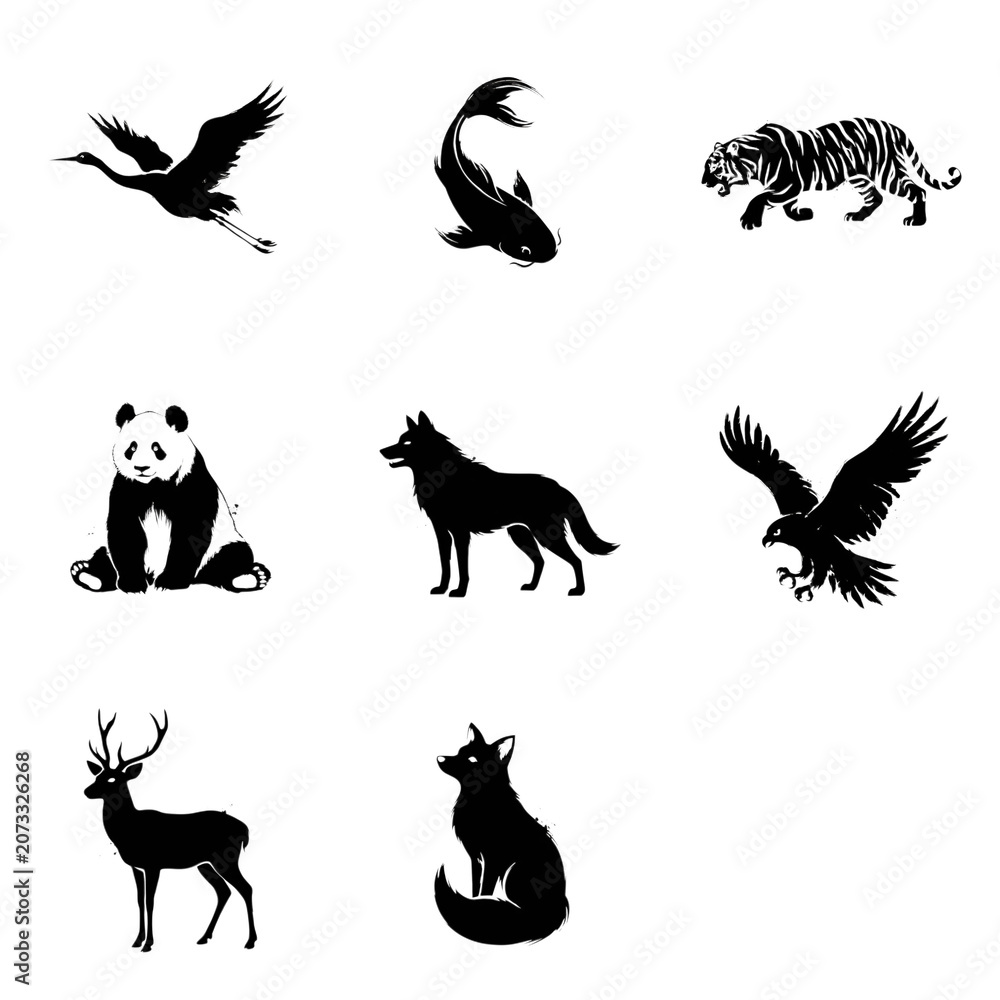Obraz premium Black silhouettes of various wild animals on transparent background