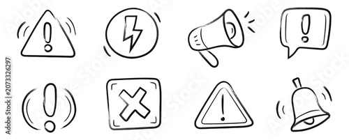 Fotografija Doodle alert and warning icon set in hand drawn outline style