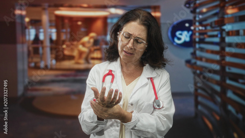 Bild auf Leinwand Woman doctor in white coat with stethoscope clasps her wrist in apparent pain while standing in a hospital building lobby with blurred seating; concern compassion