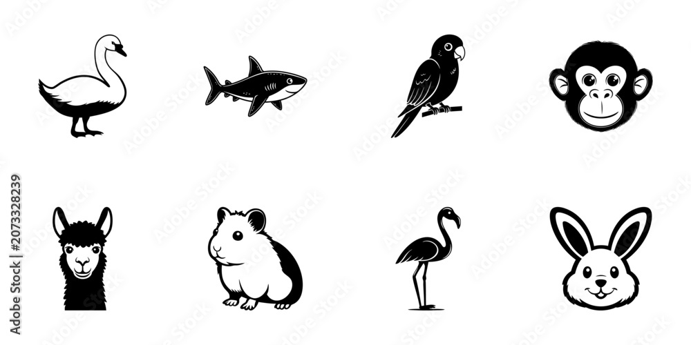 Fototapeta premium Animal Icon Set In Hand Drawn Style. Diverse Wildlife And Pet Doodle Sketch Collection. Includes Swan, Shark, Parrot, Monkey, Llama, Hamster, Flamingo, Rabbit. Isolated Vector Illustration