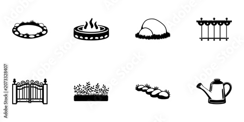 Garden Elements And Tools In Hand Drawn Style Set. Landscaping, Outdoor Decor, And Gardening Essentials Doodle Sketch Collection. Nature And Horticulture. Isolated Vector Illustration