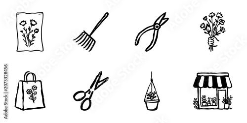 Gardening And Floral Tools In Hand Drawn Style Set. Plant Care, Flower Arrangement, And Horticulture Doodle Sketch Collection. Botanical Elements. Isolated Vector Illustration