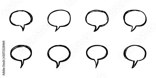 Hand Drawn Speech Bubbles Icon Set. Communication, Dialogue, Conversation Doodle Sketch Collection. Creative Expression, Social Interaction. Isolated Vector Illustration