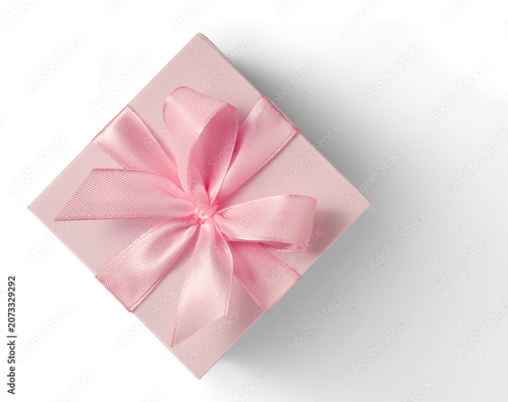 Fototapeta premium Pink gift box with pale ribbon bow on white or transparent background
