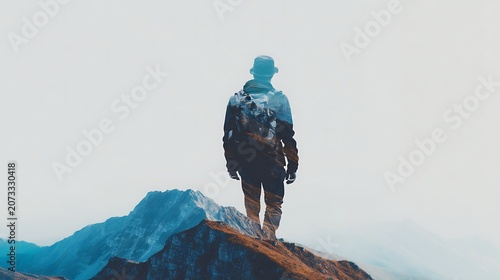A silhouette of a person standing on a mountain peak is blended with a scenic mountain landscape, symbolizing adventure and exploration.